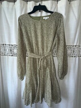 She + Sky Olive and White leaf Printed Long-Sleeve Tie-Waist Dress